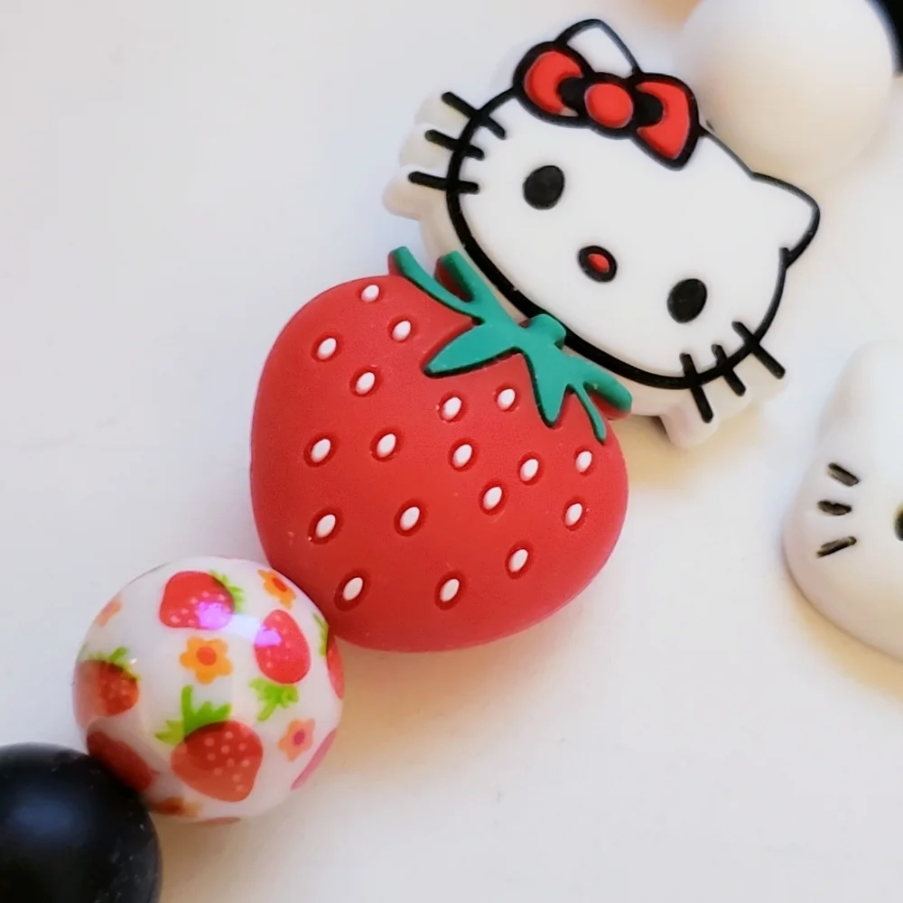 Handmade Kawaii Black Red White Strawberry Flower Hello Kitty Keychain